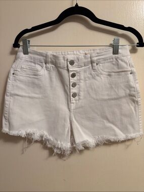 Blank NYC White Frayed Hem Button-Fly Denim Shorts